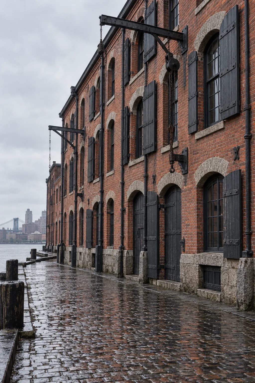 A converted brick warehouse frontage on a cobbled waterfront street