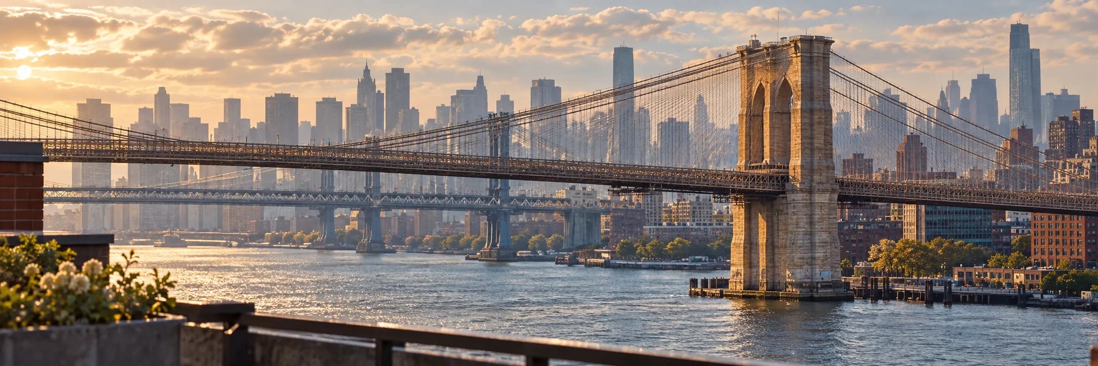 A view of a suspension bridge tower across water from a rooftop terrace