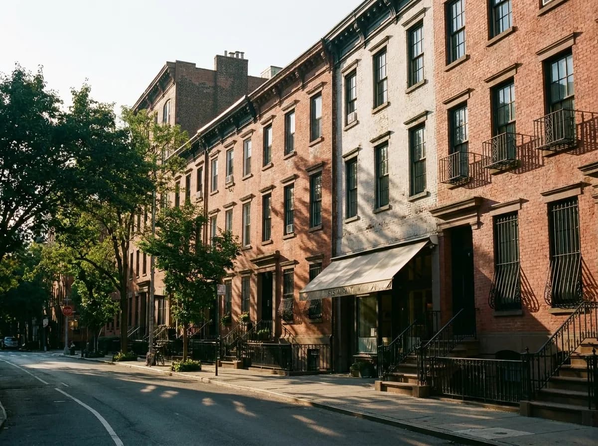 A curving West Village street of low brick townhouses with iron railings and street trees in warm late afternoon light