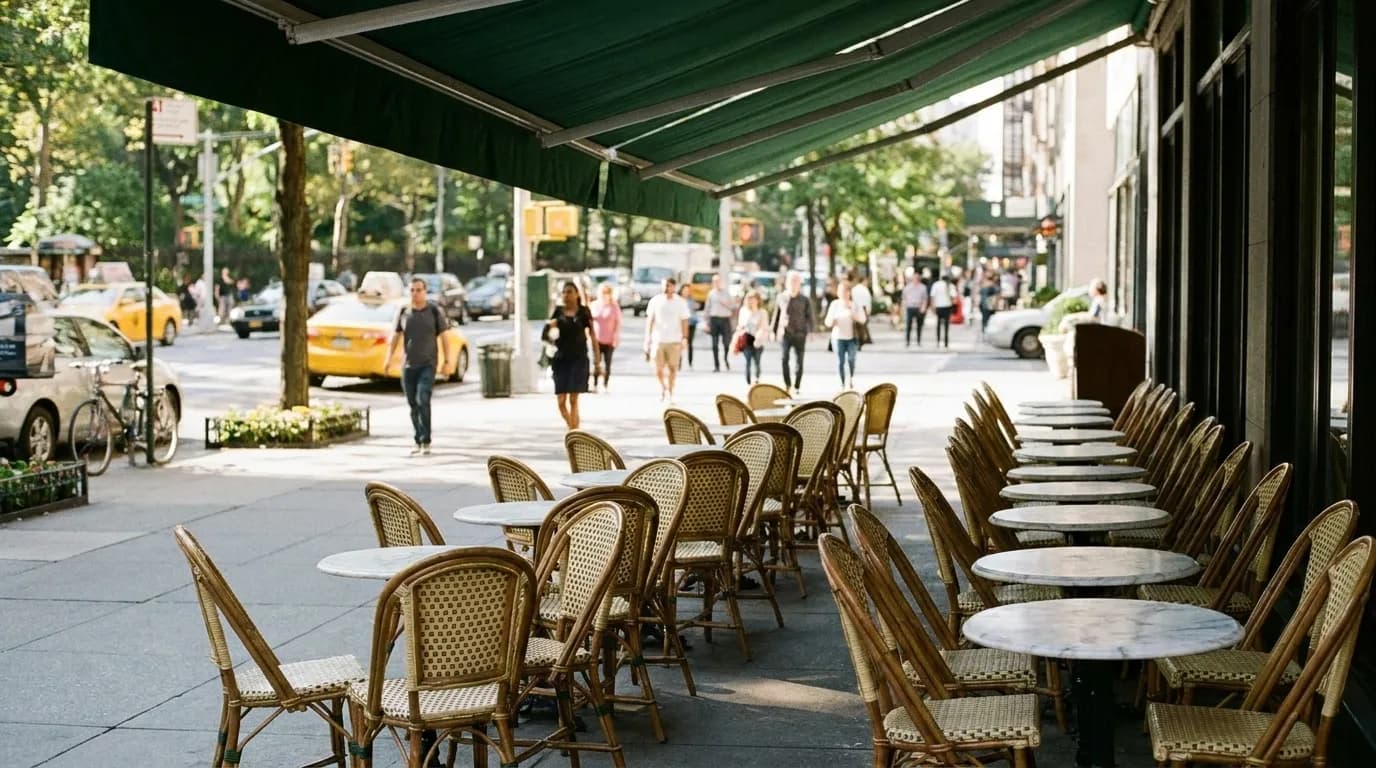 Sidewalk cafe tables with cane chairs under a green awning on a wide Manhattan avenue in afternoon light