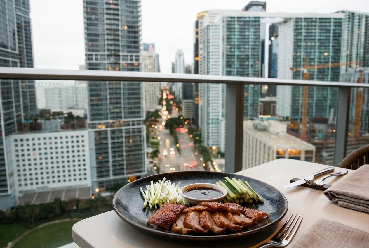 Peking duck plate at Komodo Brickell with scallions, cucumber, and hoisin sauce on dark ceramic