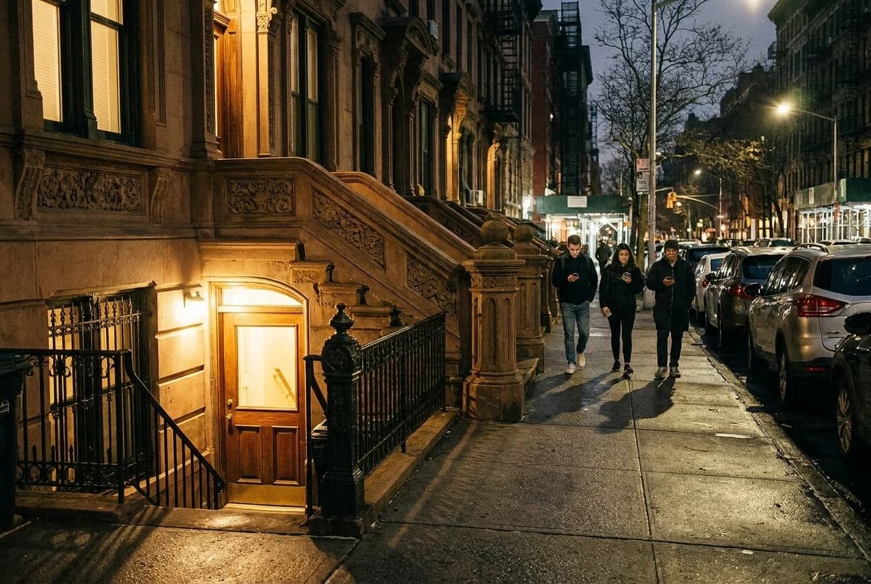 East Village townhouse stoop at night with basement entrance lit below street level, iron railing visible