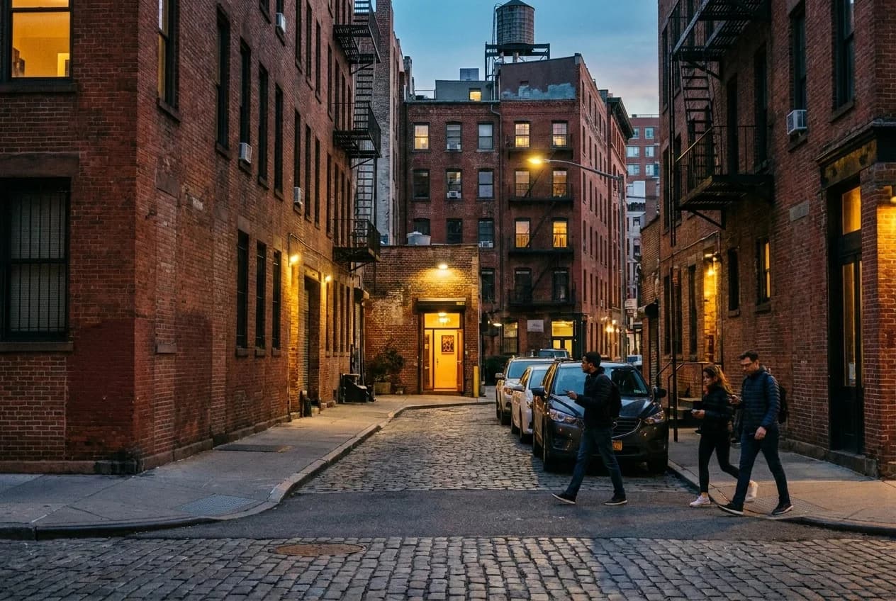 Narrow alley in the East Village at dusk with lit doorway at the end, brick walls on both sides