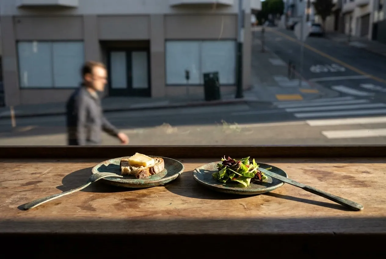 A pair of small plates on a narrow counter with cutlery beside them