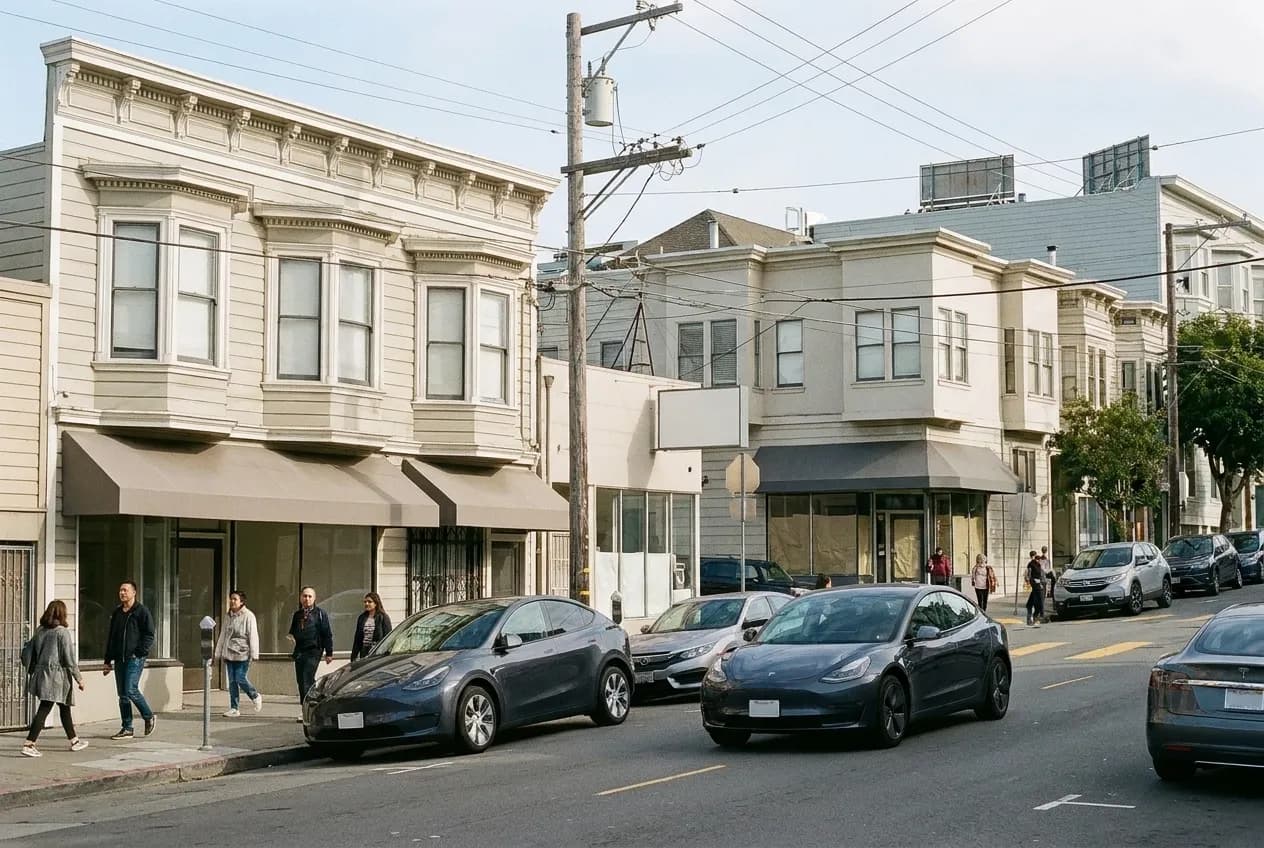 A small village high street in San Francisco with low shopfronts on a sloping street