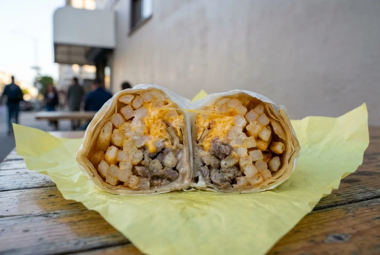 A burrito cut in half on a paper wrapper on a small table
