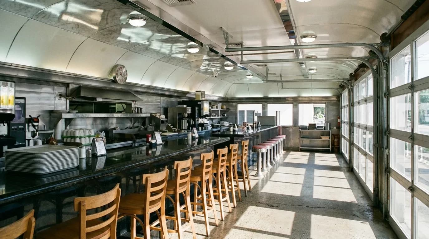 A long counter running the length of a bright informal restaurant, stools pulled in, an open kitchen behind it and roll-up windows letting daylight across the floor
