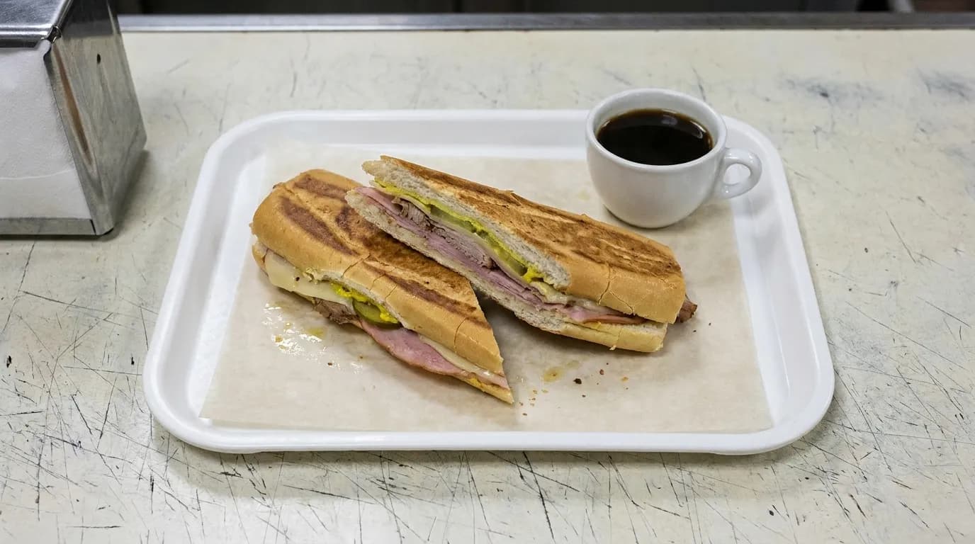 A Cuban sandwich pressed and cut on the diagonal on a paper-lined tray, with a small cup of espresso and a napkin dispenser beside it