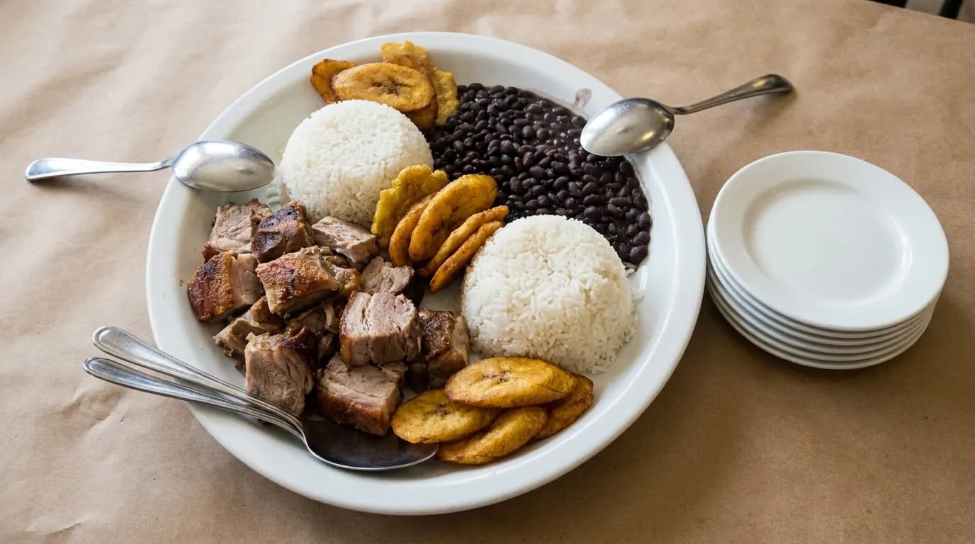 A shared platter of roast pork, rice, black beans and fried plantains on a paper-covered table with serving spoons