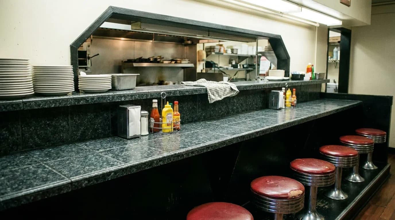 A tiled counter with a row of stools and a hatch through to a busy kitchen, plates stacked at one end and a napkin dispenser mid-counter