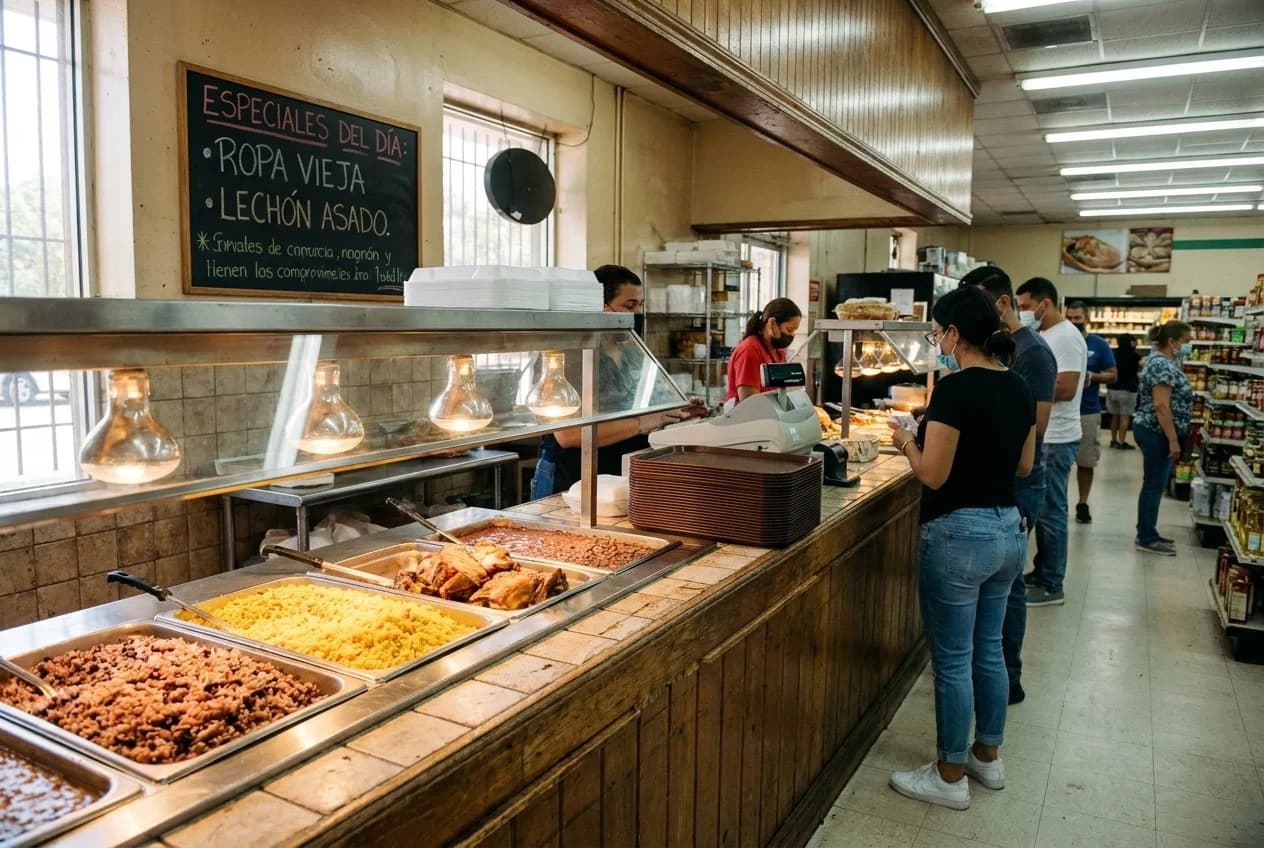 Cafeteria counter inside a Little Havana supermarket with hot trays and stacked plastic serving trays