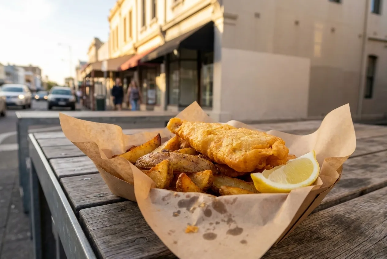 A paper tray of battered fish and chips with a wedge of lemon on an outdoor table