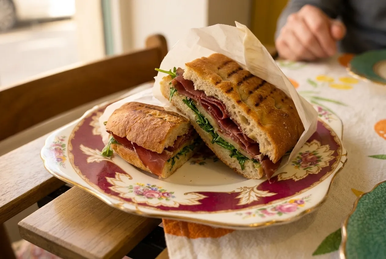A focaccia sandwich cut in half showing layers of cured meat and greens on a paper wrap
