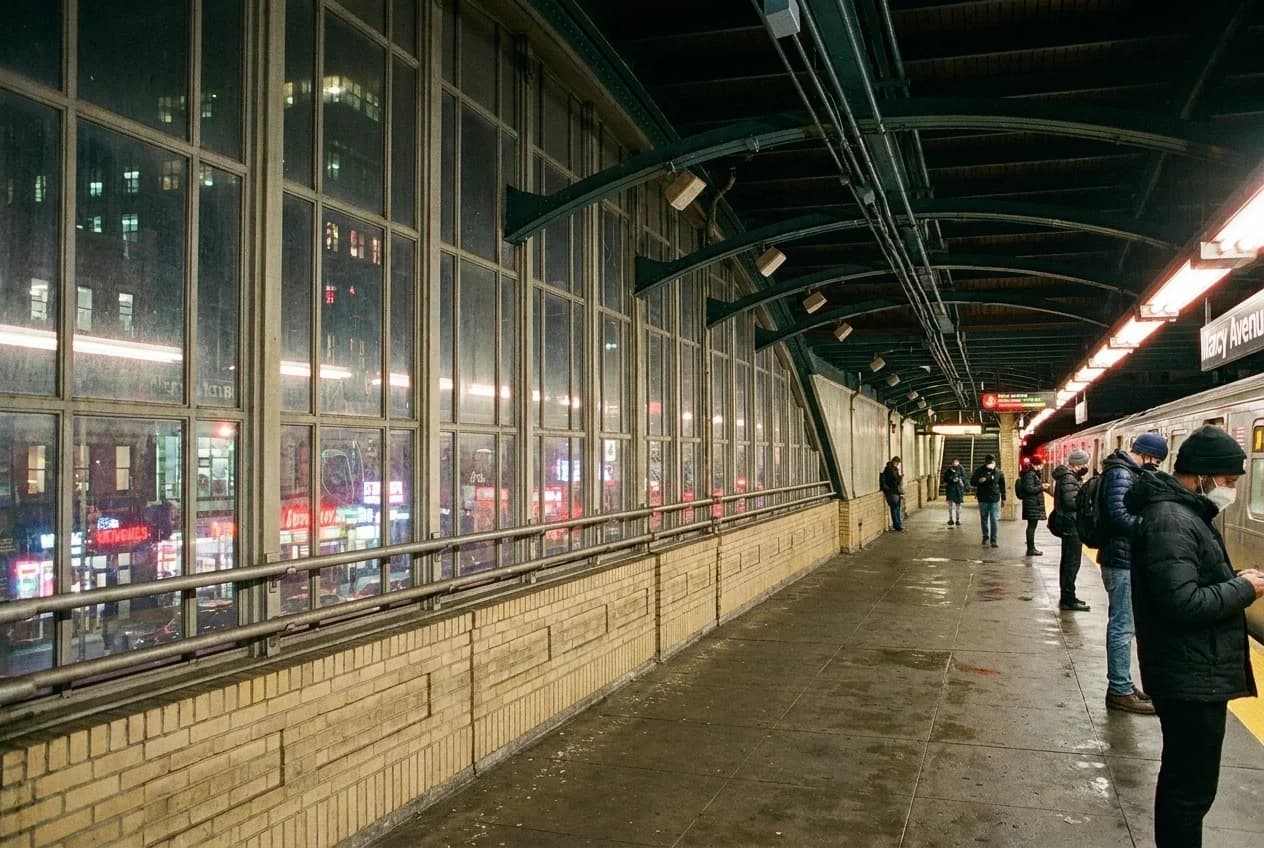 Elevated subway tracks at night in Williamsburg with Broadway street lights below