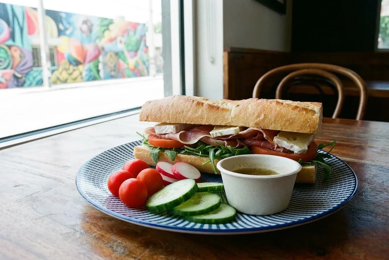 Baguette sandwich with fresh vegetables and vinaigrette on a wooden table, street art visible through window