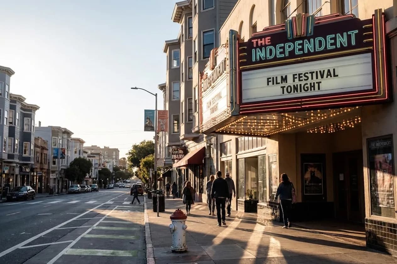 Evening view of Divisadero Street in NOPA with vintage theater marquee and pedestrians passing storefronts under streetlights