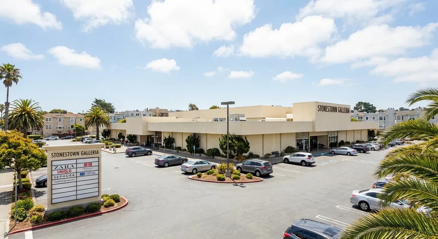 Wide exterior view of Stonestown Galleria shopping center with parking lot and surrounding residential buildings under overcast sky