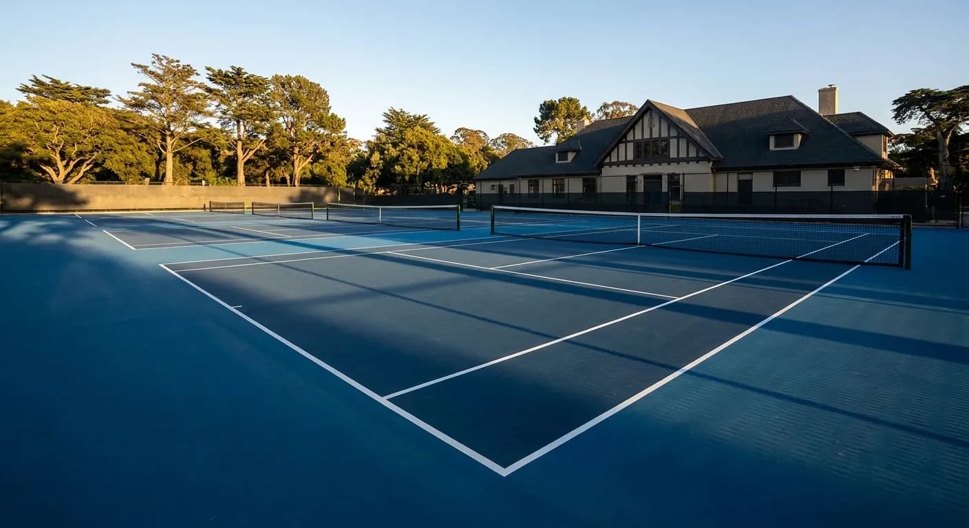 Renovated tennis courts at Goldman Tennis Center in Golden Gate Park with clubhouse and tree line in background