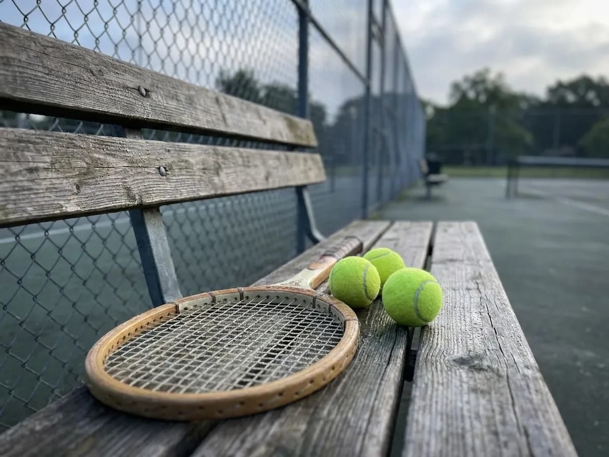 Tennis racket and fresh balls resting on weathered park bench beside public court