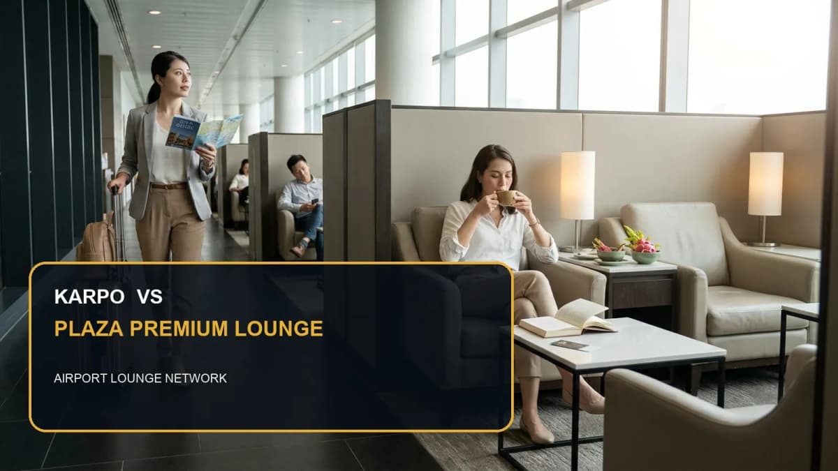 Karpo versus Plaza Premium Lounge in a photorealistic editorial comparison.