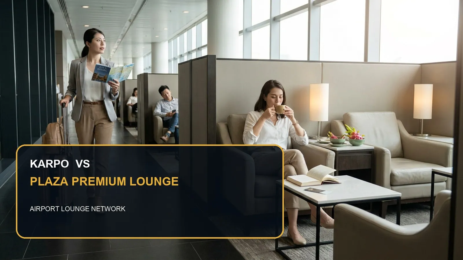 Karpo versus Plaza Premium Lounge in a photorealistic editorial comparison.