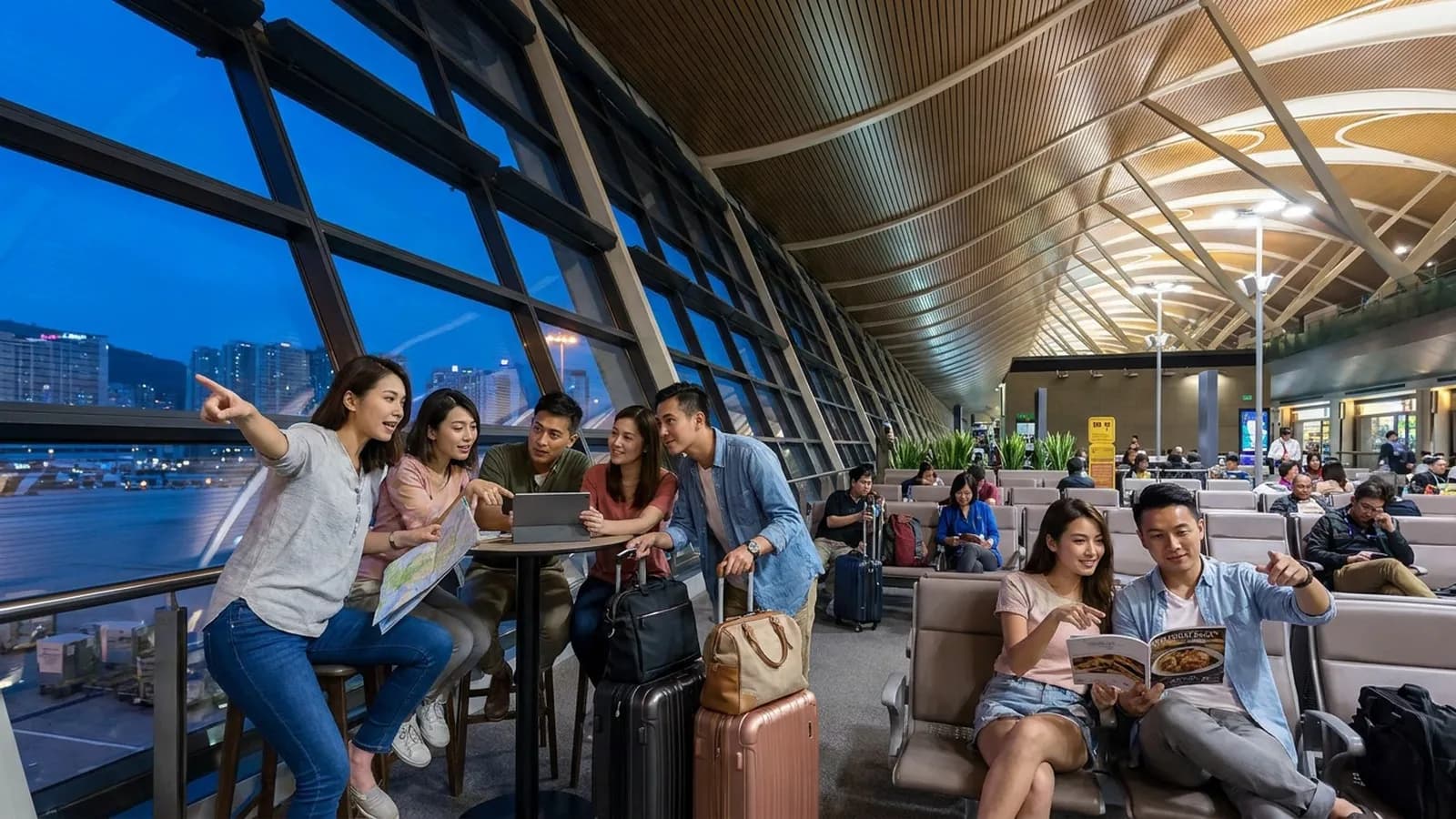 Photorealistic group decision scene showing when to use Karpo and when to use Plaza Premium Lounge.