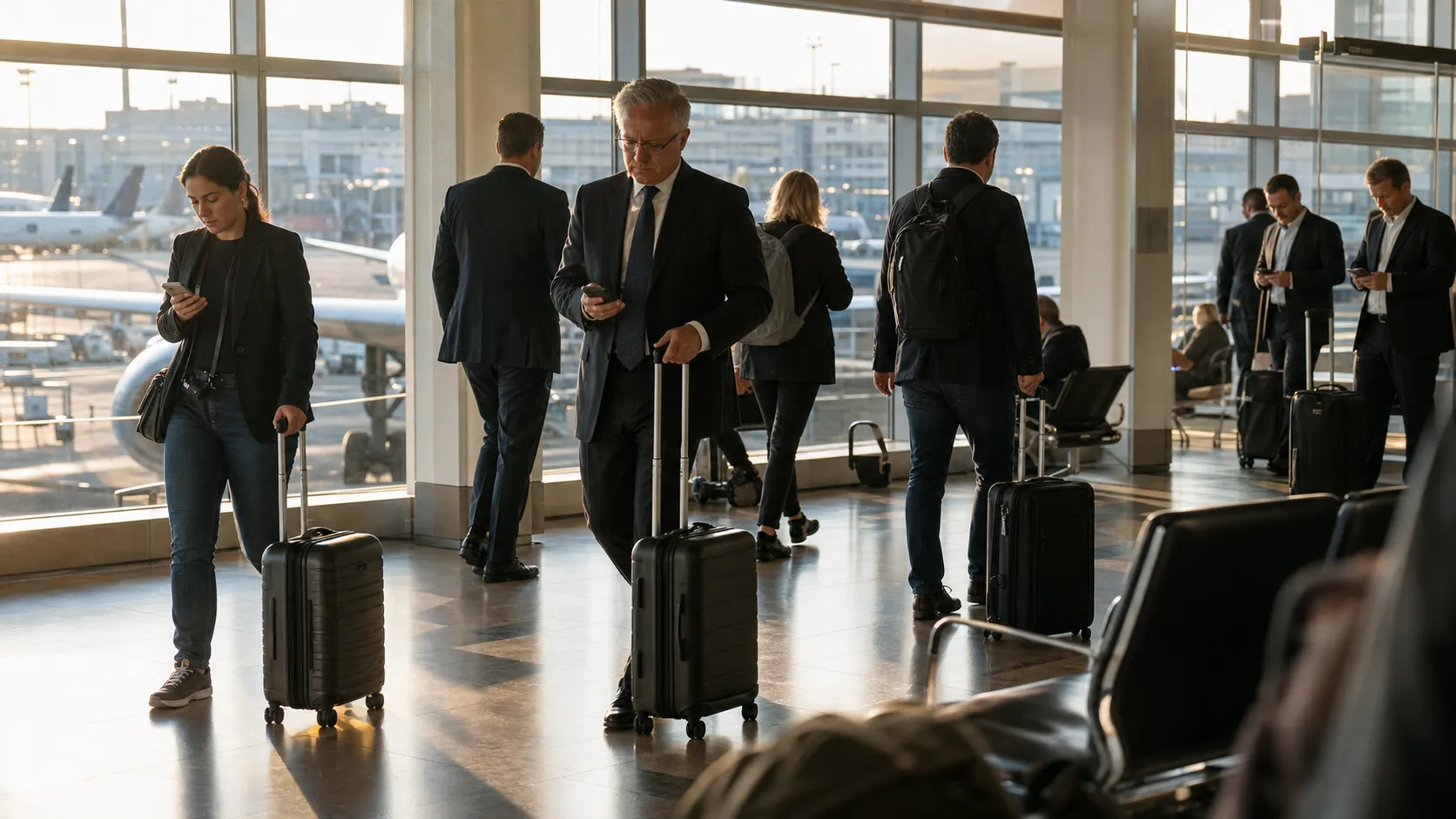 Travelers with luggage check phones inside a New York airport terminal before a Bay Area flight.