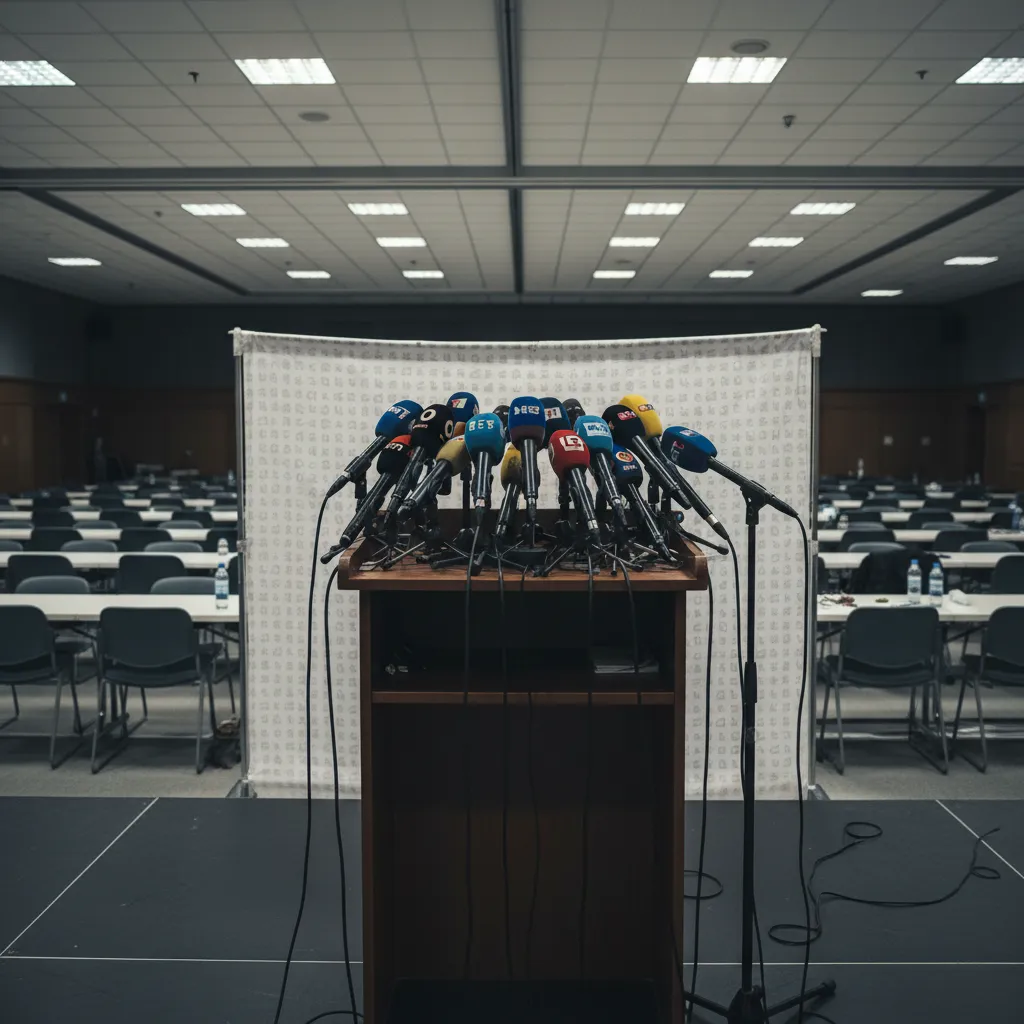 An empty press conference podium with multiple microphones under harsh fluorescent lighting