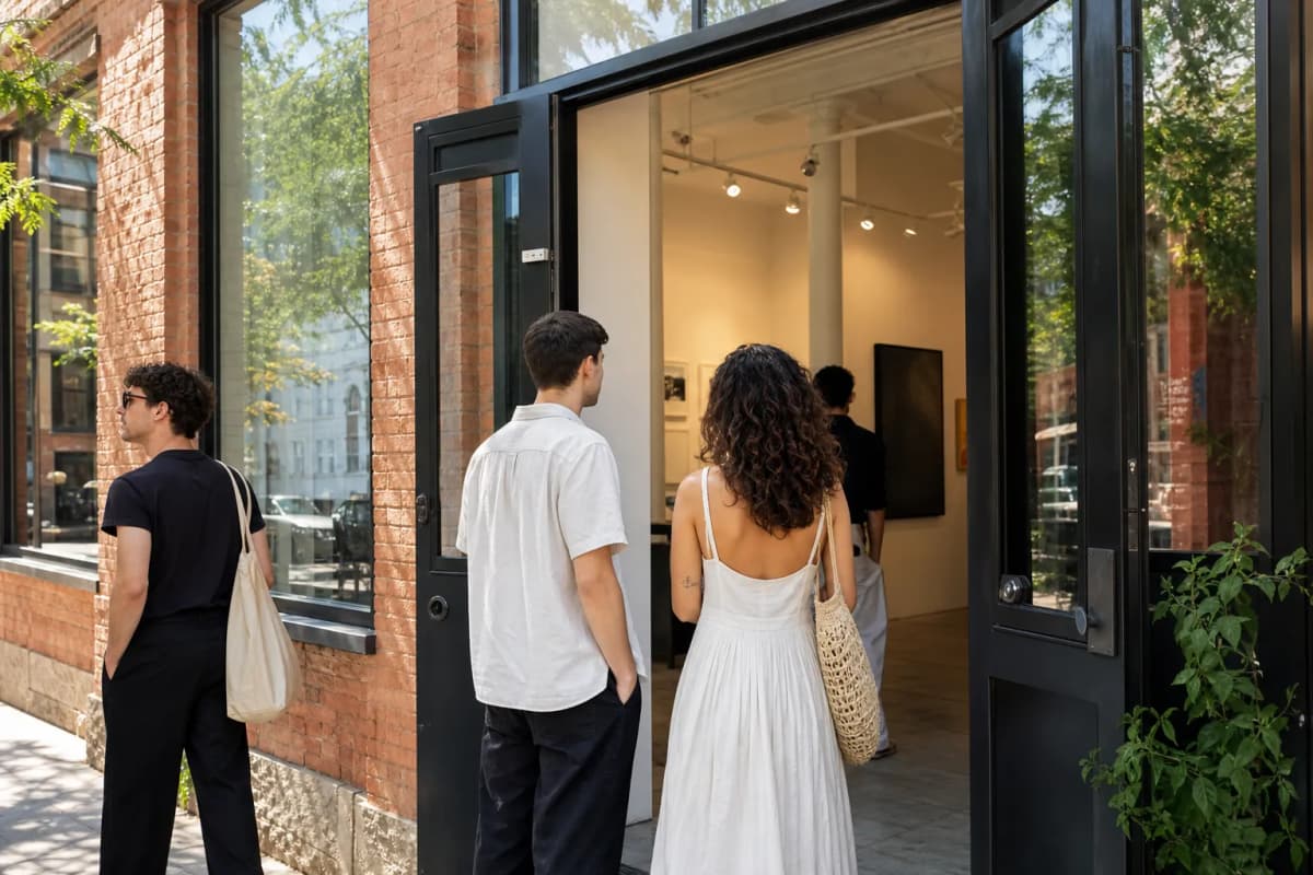 A bright Lower East Side storefront museum doorway with summer light