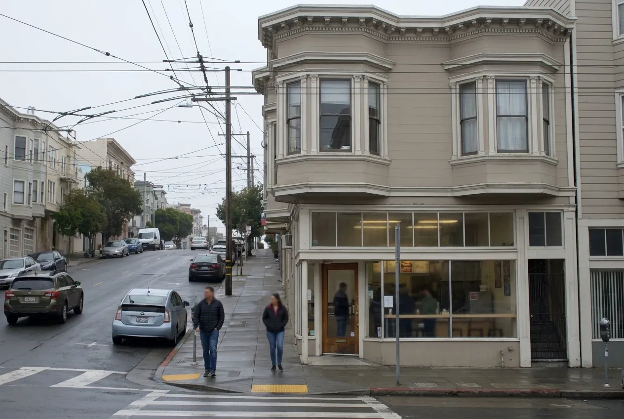 A San Francisco street corner in flat coastal daylight, a small takeaway counter shopfront under a bay-windowed apartment block with Muni trolley wires overhead