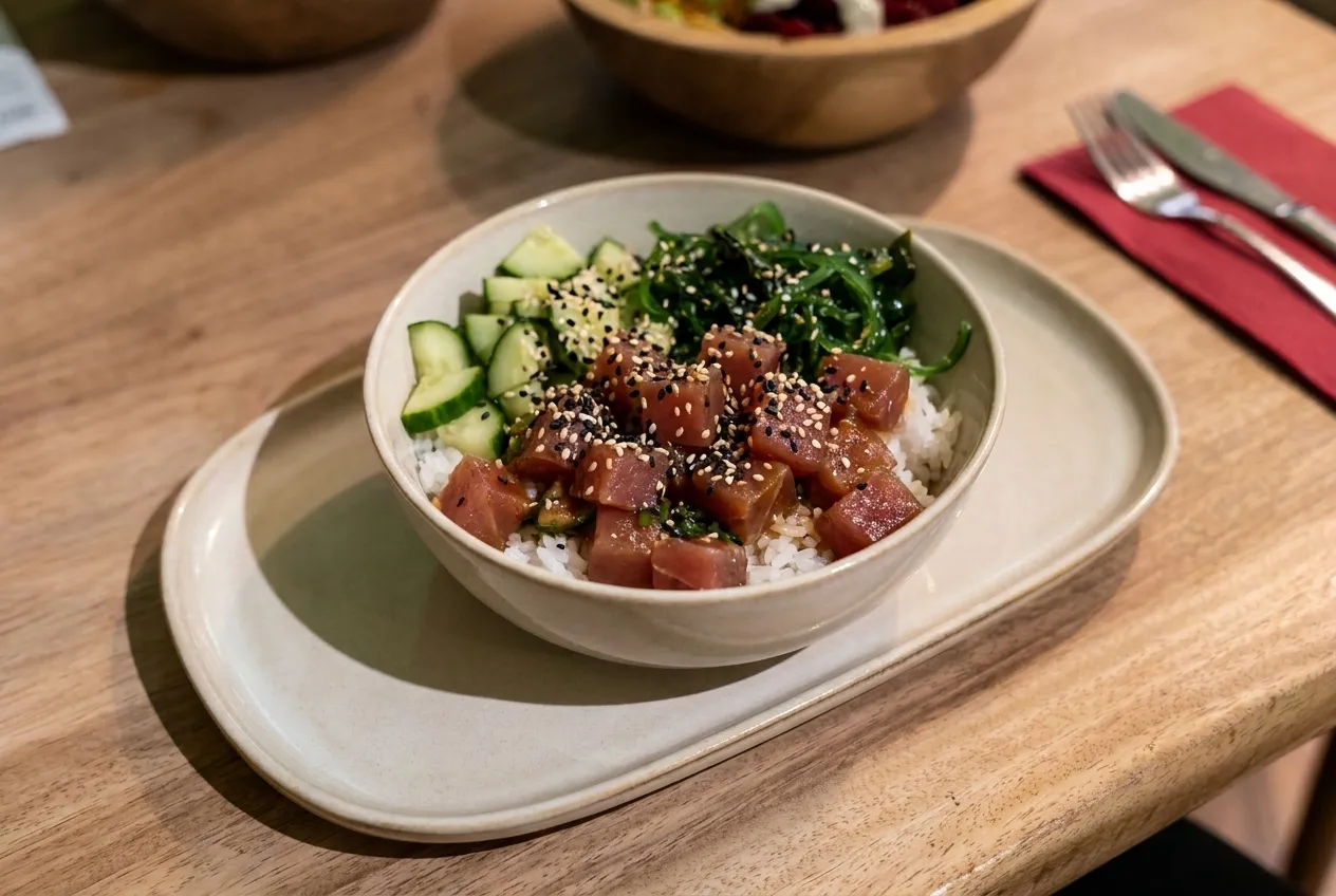 A poke bowl photographed from directly above on a pale tray, cubes of marinated tuna over rice with cucumber, seaweed and sesame