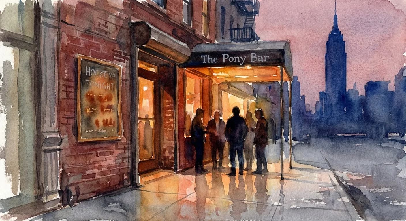 AI-generated watercolor: exterior of The Pony Bar, a small Hell's Kitchen craft beer bar on 10th Avenue NYC at dusk on a Stanley Cup playoff night, the brick storefront facade with warm ochre interior light spilling onto the sidewalk rendered impressionistically, a chalkboard sign on the sidewalk reading hockey tonight as soft warm marks, four or five patrons as pure dark silhouettes gathered near the entrance, the Empire State Building visible in the distant background as a deep cobalt silhouette, dusty pink twilight sky over the avenue, watercolor brush strokes