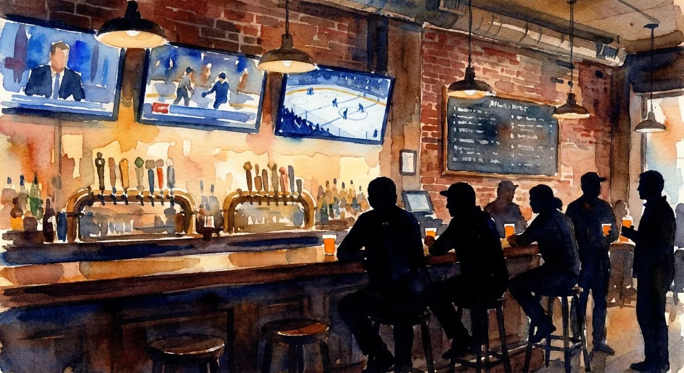AI-generated watercolor: interior of a Hell's Kitchen craft beer bar in NYC on a Stanley Cup playoff night, a long wooden bar with twenty craft beer taps rendered impressionistically, three flat-screen TVs above the bar showing a stylized ice rink with blurred Rangers blue and cobalt jersey colors, six or seven patrons as pure dark silhouettes seated on bar stools and standing leaning on the bar holding pint glasses as warm ochre dots, exposed brick wall behind, warm amber pendant lighting, chalkboard tap list as a soft warm wash