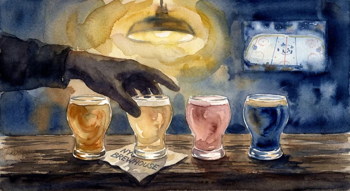 AI-generated watercolor: close-up of a half-pint flight of four craft beers on a wooden bar in NYC, the four small glasses each filled with different colored beer rendered impressionistically as warm ochre, pale amber, dusty pink, and deep cobalt, a paper coaster underneath, the bar wood grain as soft horizontal brush strokes, hand silhouette of a patron in dark wash about to lift one glass, warm overhead pendant light glow as a soft ochre halo, blurred TV showing a stylized hockey rink in the cobalt background