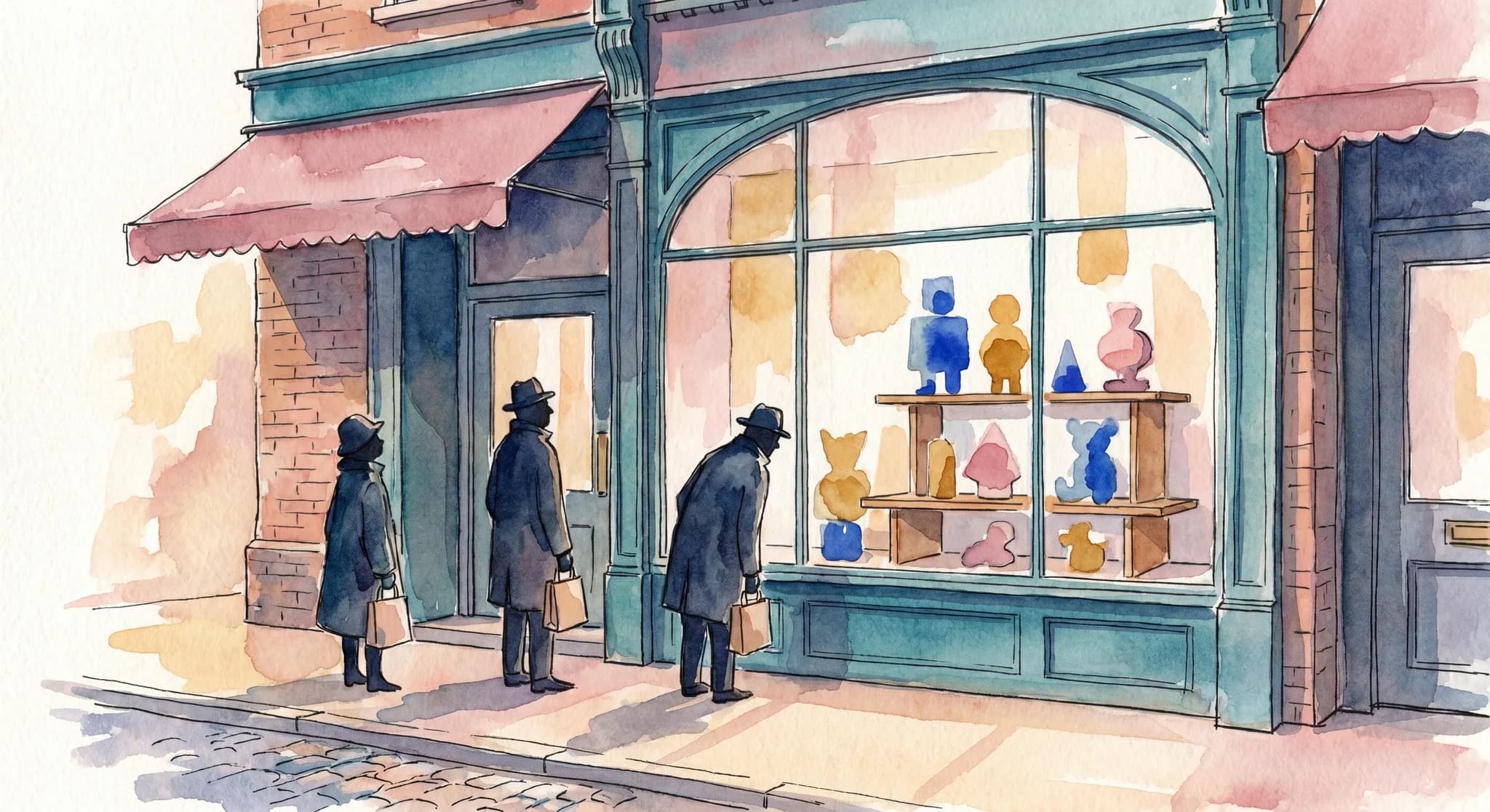 AI-generated watercolor: exterior of a designer toy and collectibles store on Long Acre in Covent Garden London, the classic Covent Garden Victorian brick storefront facade rendered impressionistically, a large window display featuring small abstract designer toy figurines arranged on shelves as colored shapes in cobalt warm ochre and dusty pink, three or four young shoppers as pure dark silhouettes peering into the window or queuing at the door carrying small paper shopping bags, warm afternoon May light, cobbled street in the foreground