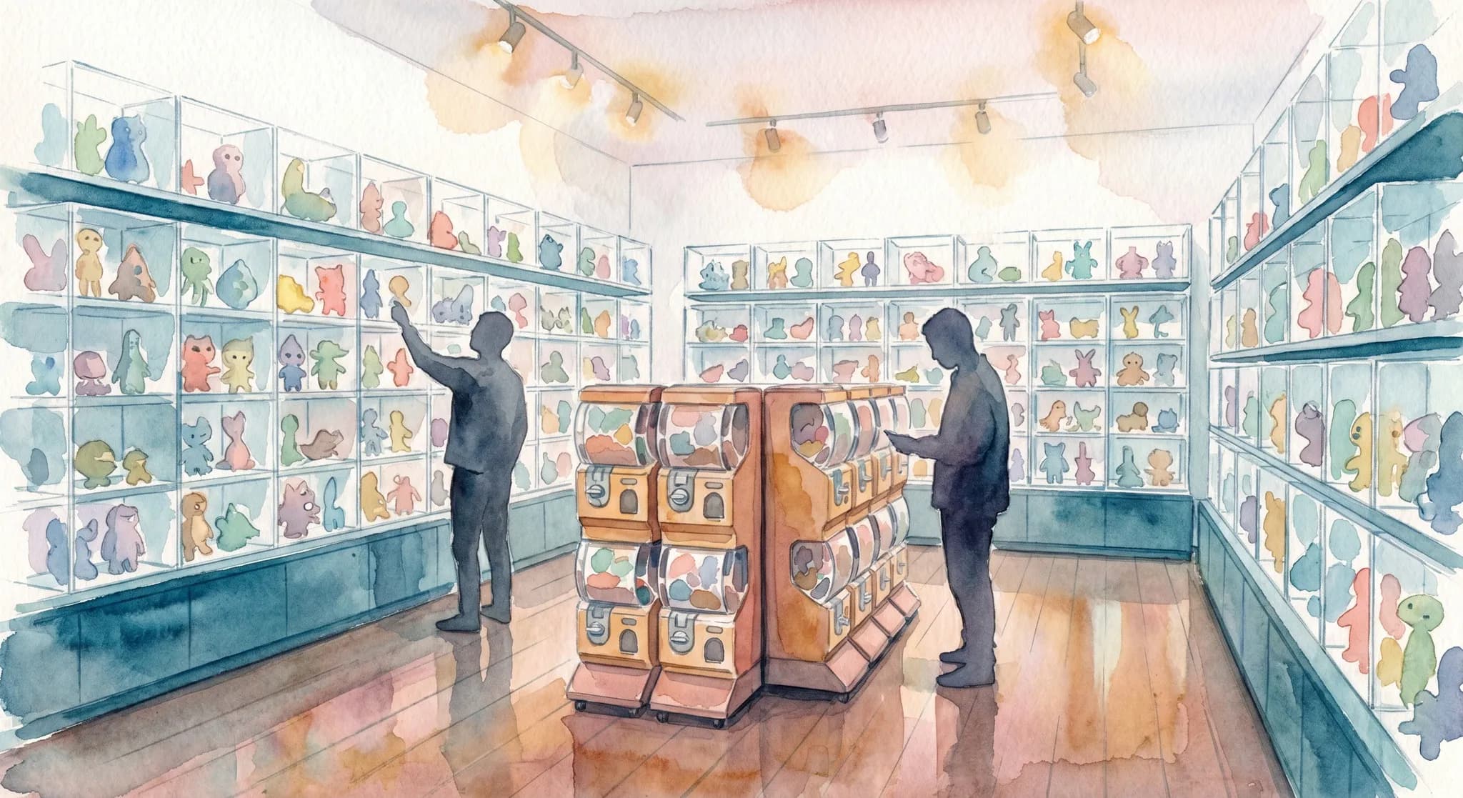 AI-generated watercolor: interior of a designer toy collectibles store, white walls lined with floor-to-ceiling acrylic display cases filled with small abstract toy figurines in various pastel colors rendered impressionistically as colored shapes, a central display island with vending-machine-style blind box machines as warm ochre cubes, two shoppers as pure dark silhouettes browsing the displays, soft track lighting from above casting warm pools of ochre, polished wood floor