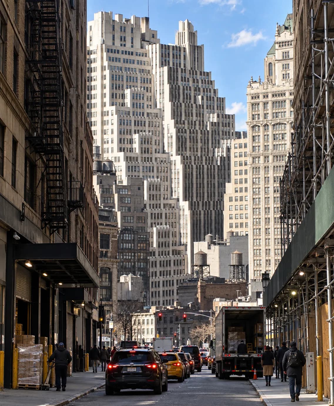 Manhattan cross street between tall office buildings with loading bays at ground level, scaffolding on one side and deep shadow beneath a bright strip of sky