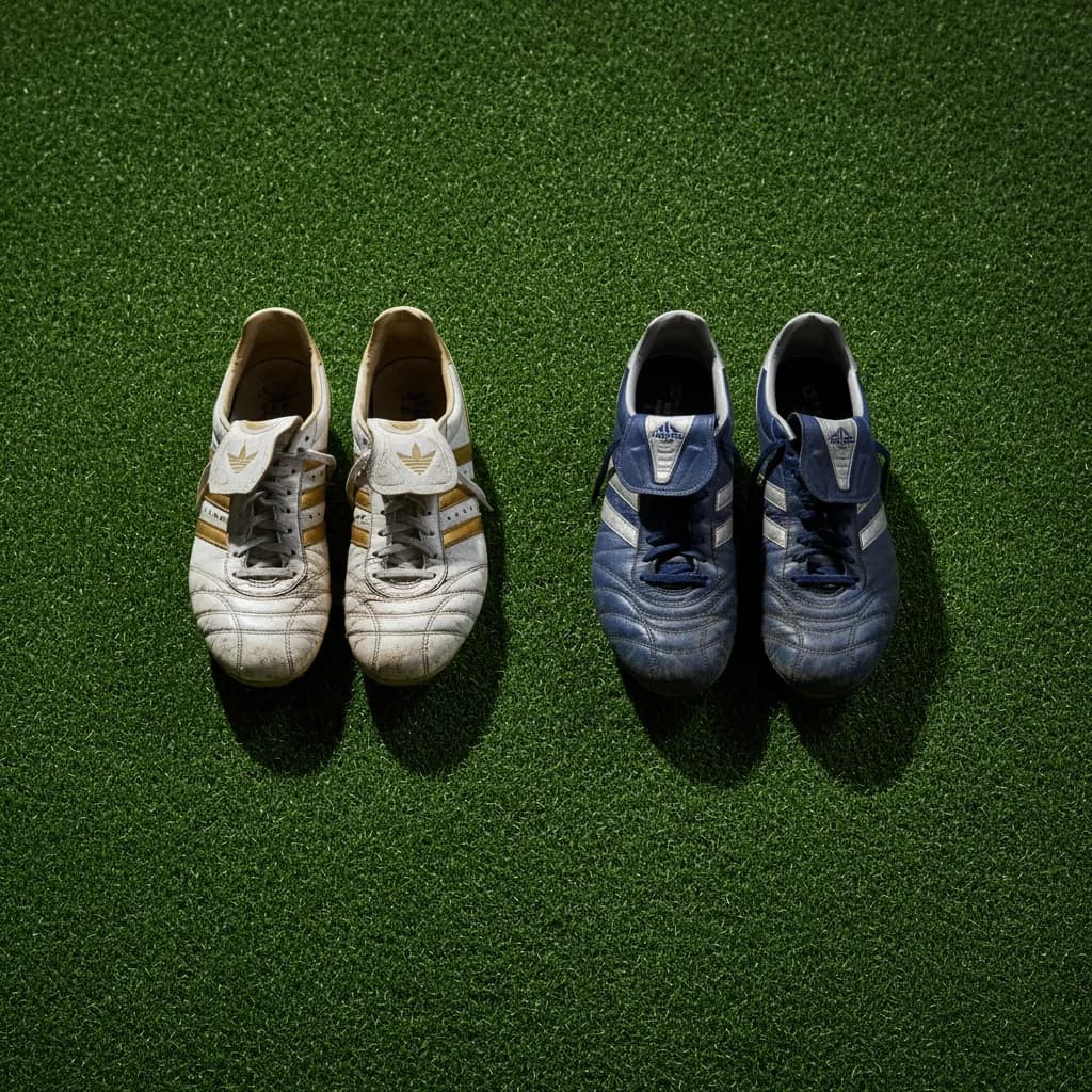 Two pairs of soccer boots symbolizing Ronaldo and Modrić's final World Cup meeting