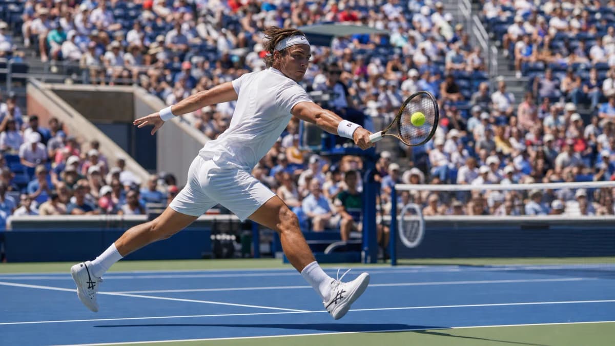 Photorealistic US Open tennis scene for Post-Wimbledon Fitness Questions That Matter Before the US Open.