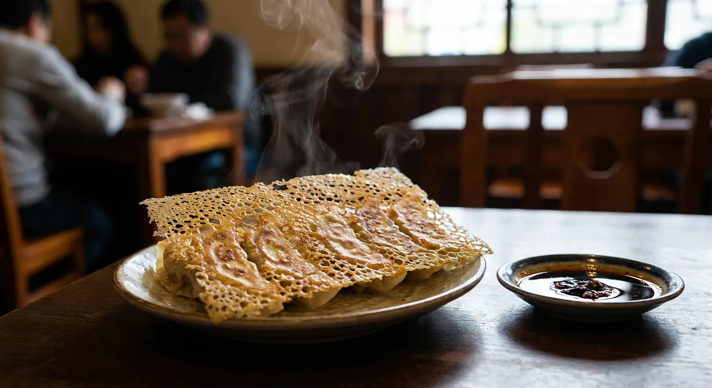 Golden potstickers flipped onto a plate showing their crispy browned bottoms, with black vinegar on the side