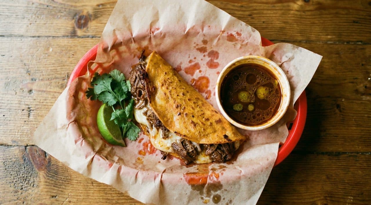 Pregame Birria Tacos in Houston While Spurs vs Knicks Game 4 Plays Overhead in East Downtown - scene