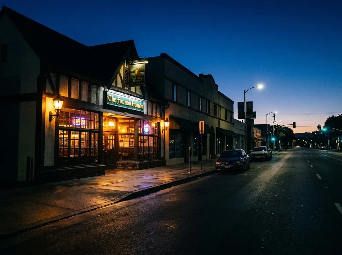 The Fox and Hounds British pub on Ventura Boulevard in Studio City before sunrise with exterior lights glowing