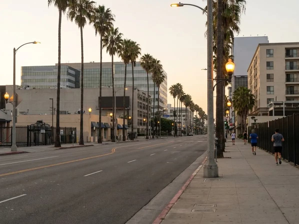 Santa Monica Boulevard near the pier in early morning light with street lamps still lit and empty sidewalks