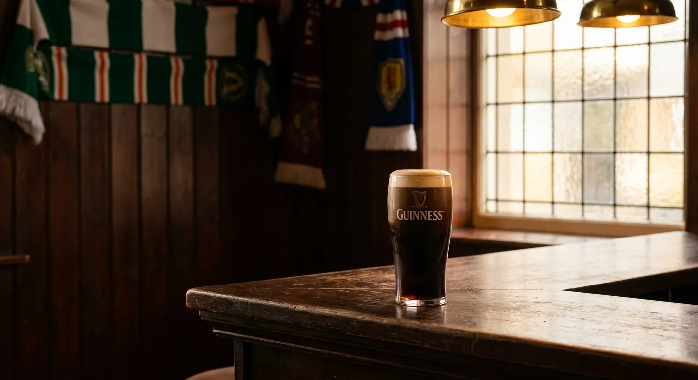 Perfectly poured pint of Guinness on dark wood bar top with soccer scarves visible in background
