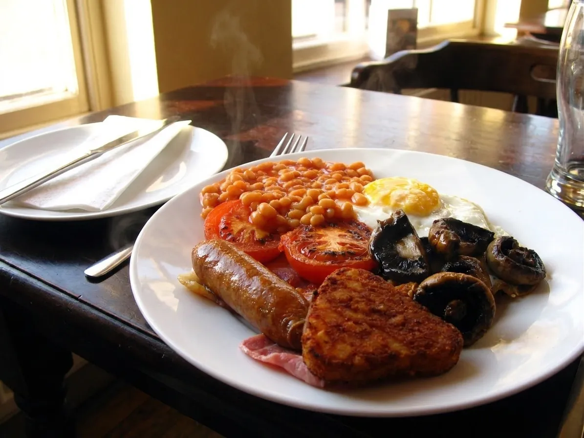 Full English breakfast with eggs, bacon, sausage, beans, and toast on a pub table with a pint of beer