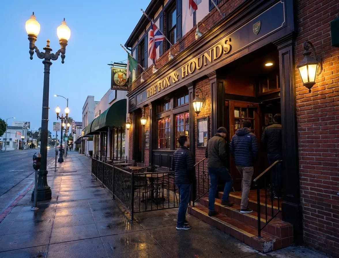 Exterior of The Fox & Hounds pub on Ventura Boulevard in Studio City with British pub signage and outdoor seating
