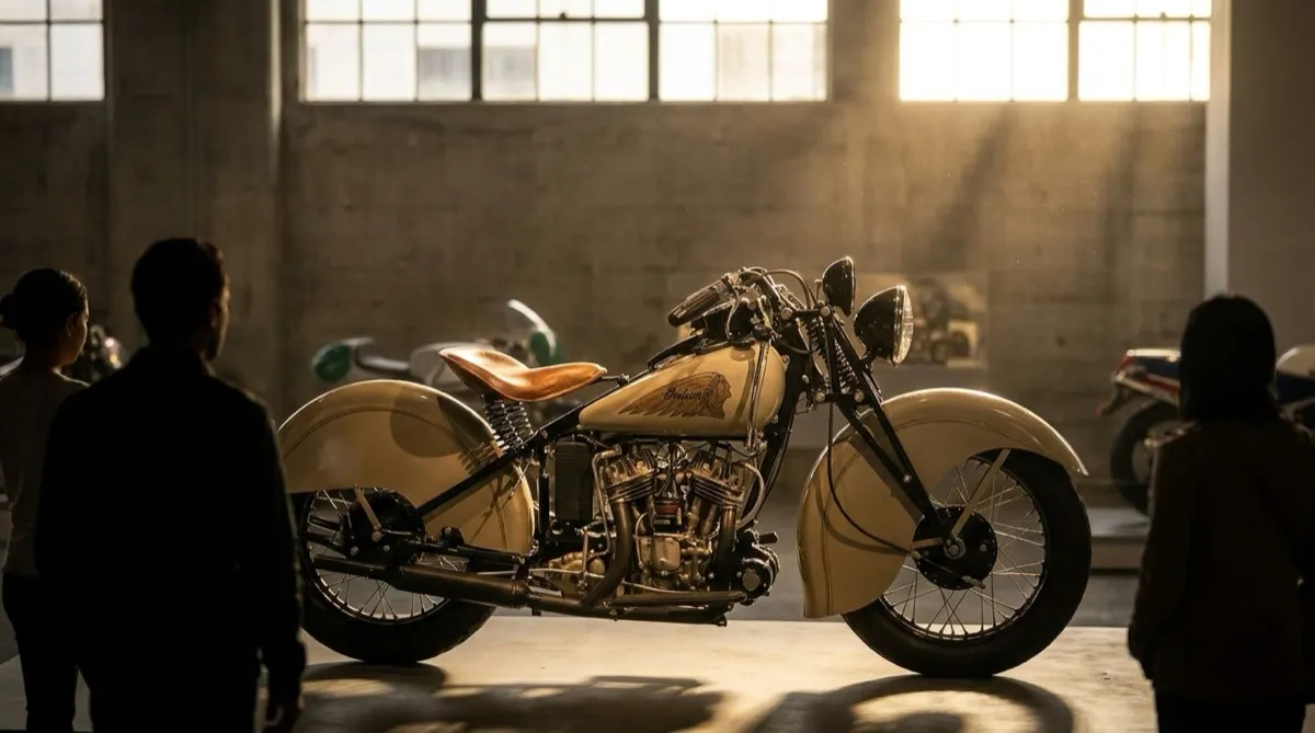 Vintage motorcycles on display in a modern museum gallery with polished floors and dramatic lighting