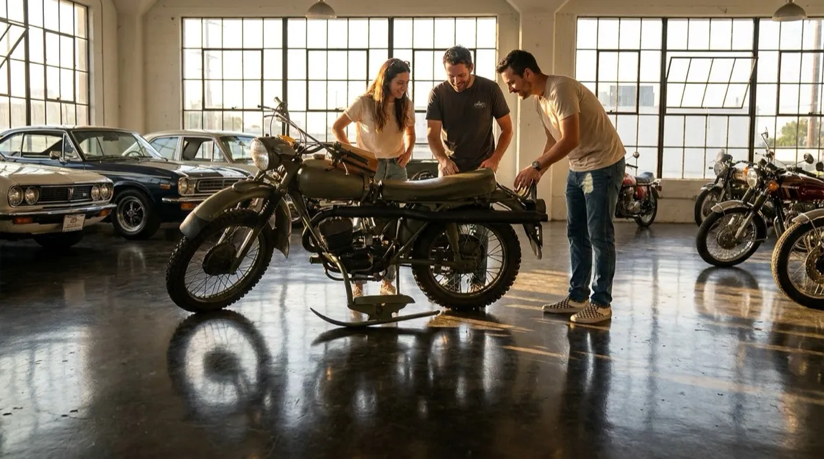 Custom motorcycle parked outside a modern Venice café with large windows and industrial design