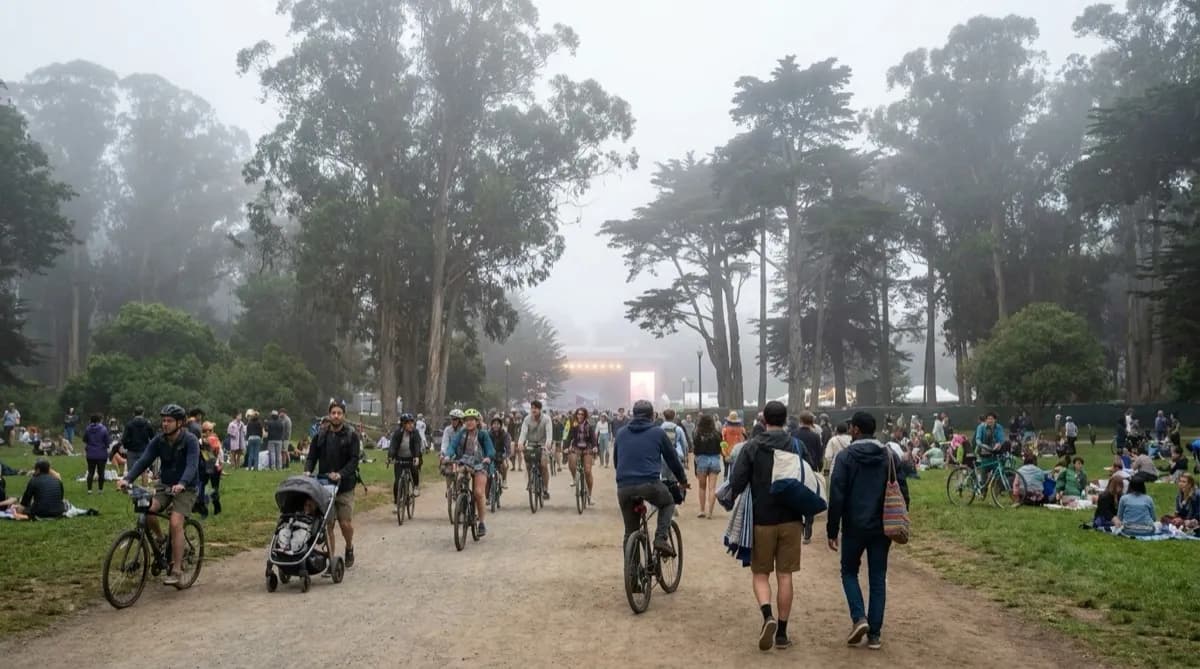 Wide view of JFK Promenade in Golden Gate Park with pedestrians and cyclists on car-free pavement