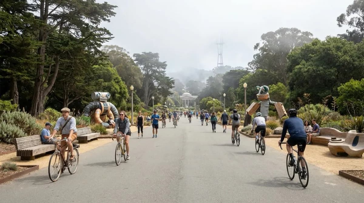 Temporary festival fencing and signage marking Outside Lands ticketed boundary in Golden Gate Park